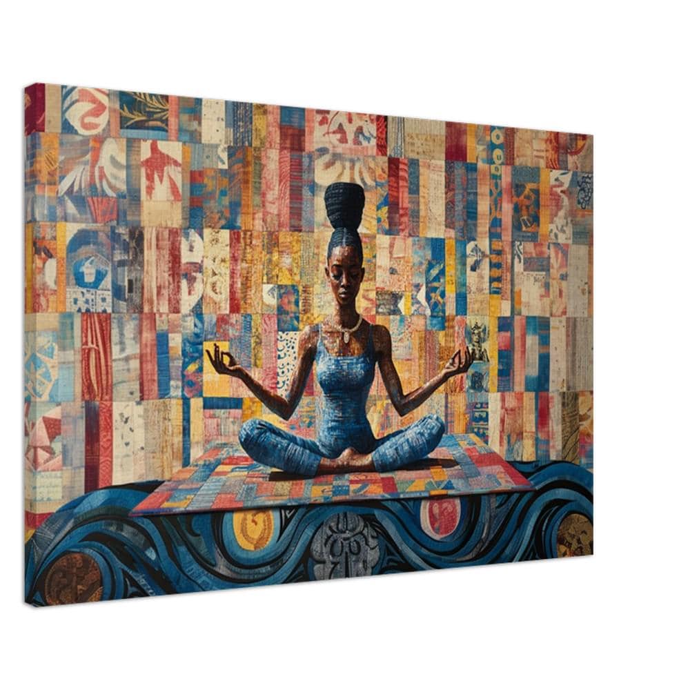 Patchwork Meditation Canvas Art - Black Woman Wall Decor for Living Room or Yoga Studio - Cultural Gift Idea