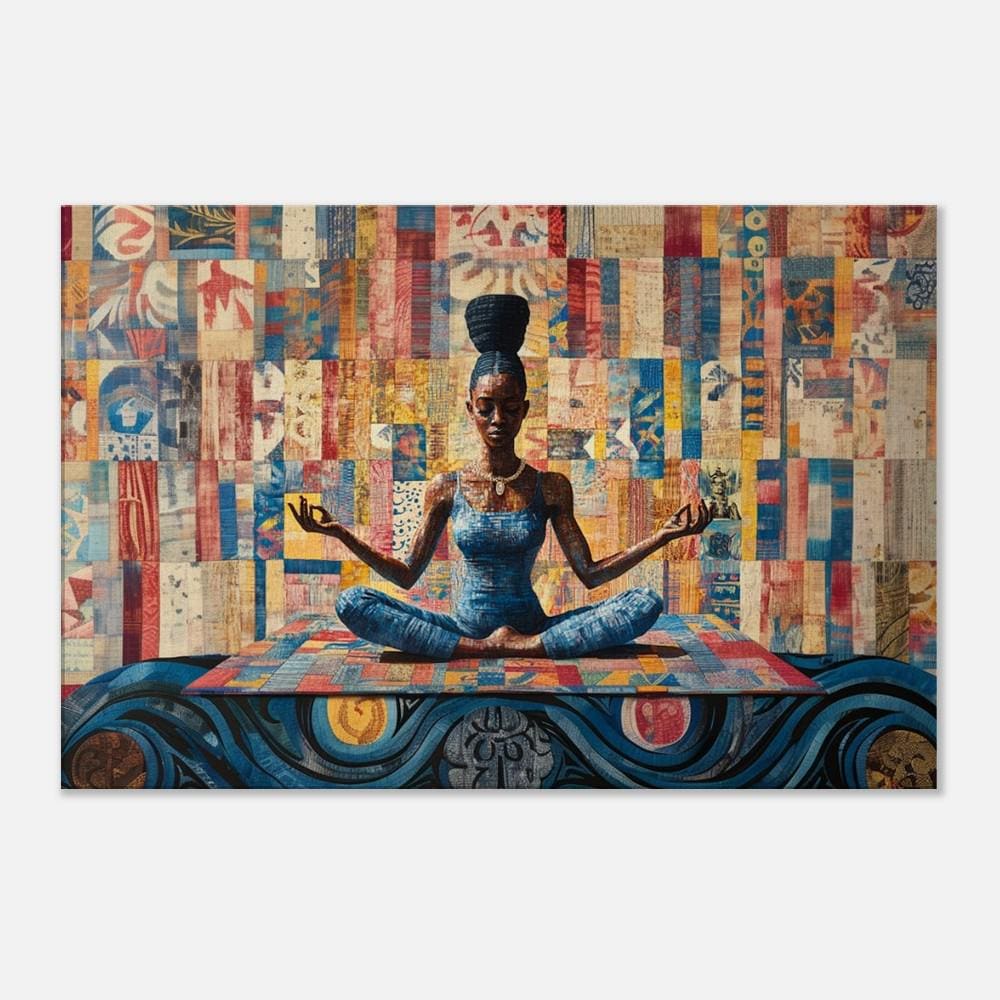 Patchwork Meditation Canvas Art - Black Woman Wall Decor for Living Room or Yoga Studio - Cultural Gift Idea