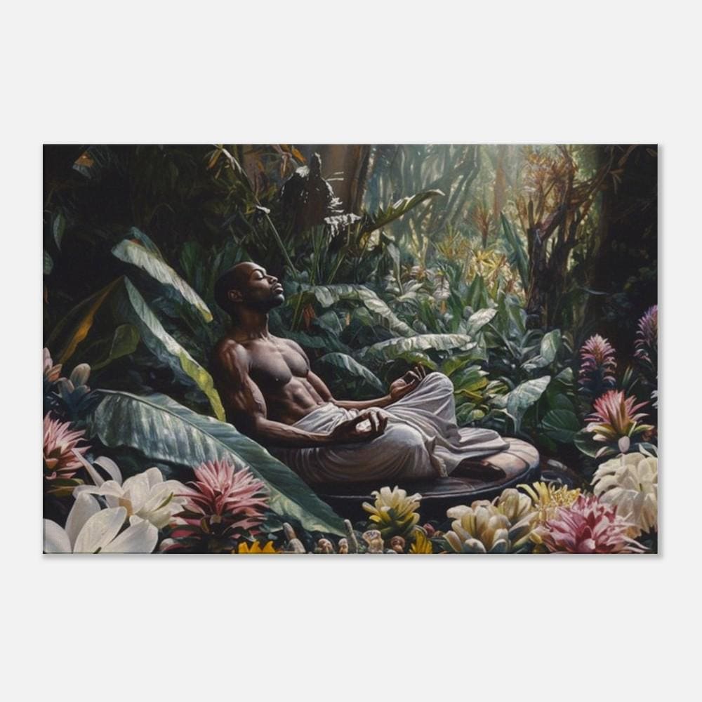 Black Man Meditation Canvas Art - Jungle Floral Wall Decor for Living Room or Yoga Space - Peaceful Gift Idea