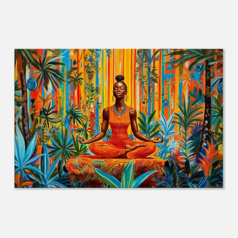 Vibrant Black Woman Meditation Canvas Art - Jungle Wall Decor for Yoga Room or Living Room - Spiritual Gift Idea