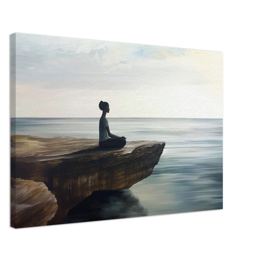 Serene Black Woman Meditation Canvas Art - Ocean View Wall Decor for Bedroom or Office - Peaceful Gift Idea