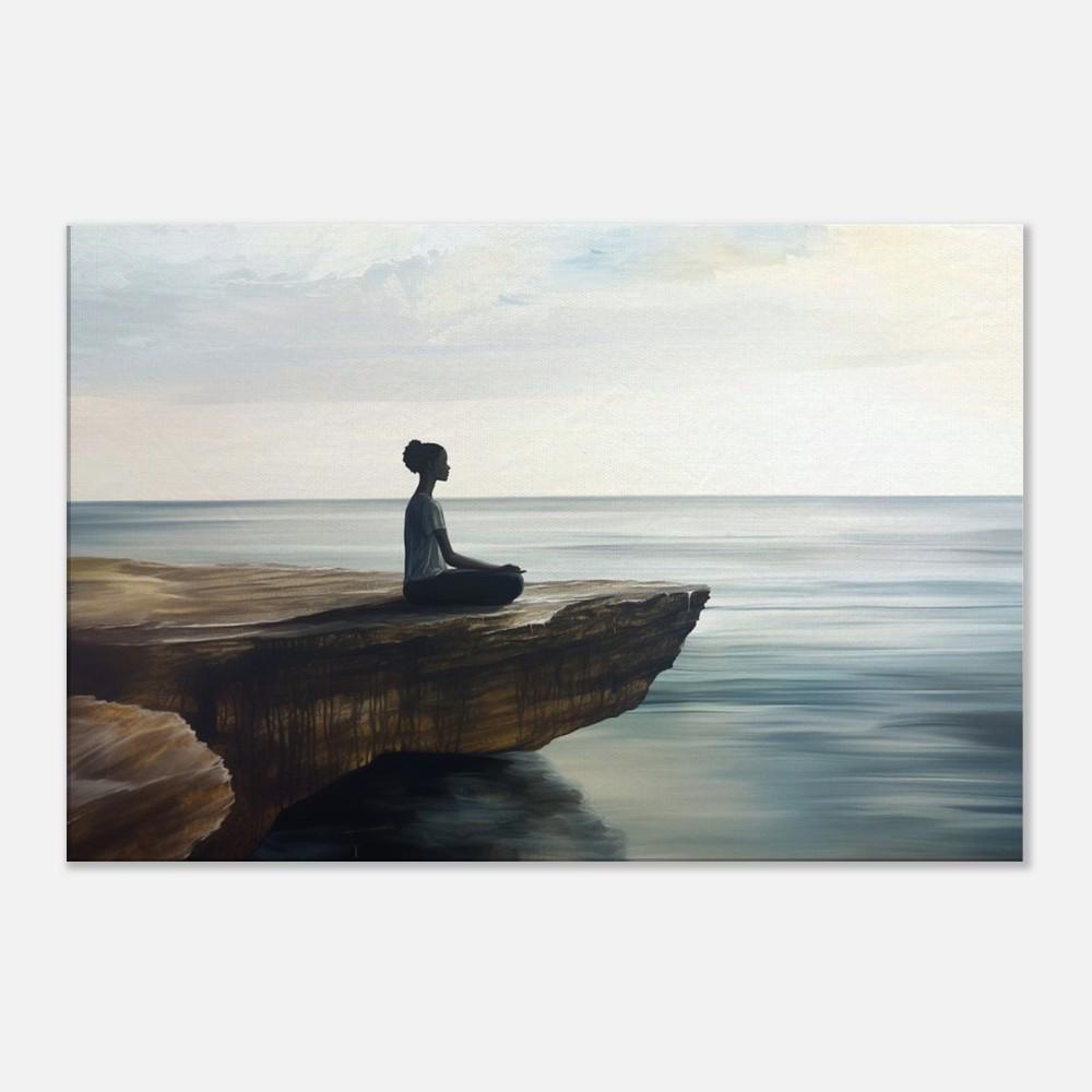 Serene Black Woman Meditation Canvas Art - Ocean View Wall Decor for Bedroom or Office - Peaceful Gift Idea