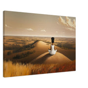Meditative Black woman in a serene landscape, vibrant colors in this stunning African American wall art.