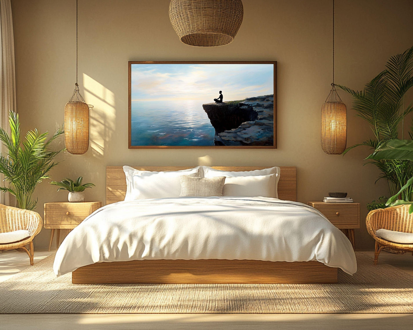 Serene Meditation Canvas Art - Ocean Cliff Wall Decor for Bedroom or Office - Peaceful Gift Idea