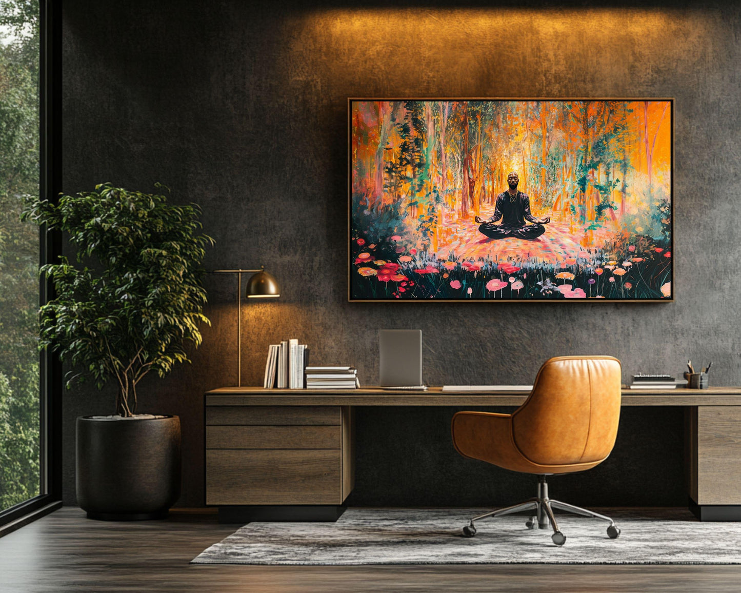 Black Man Meditation Canvas Art - Forest Floral Wall Decor for Living Room or Yoga Room - Peaceful Gift Idea