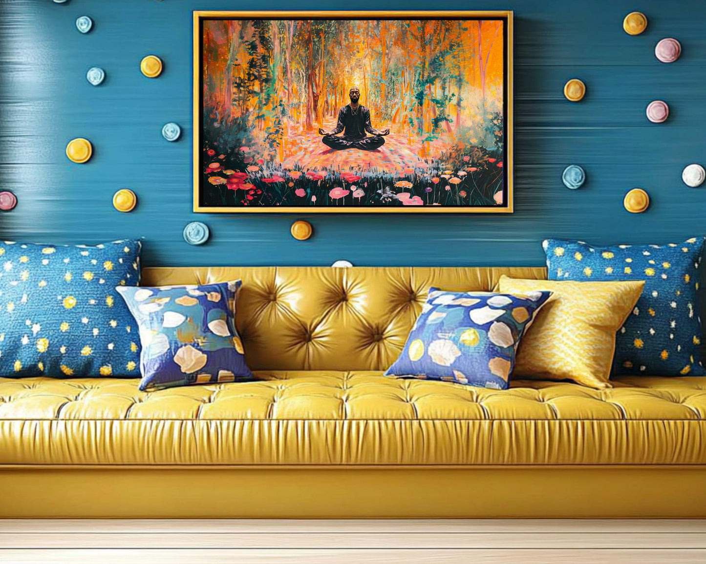 Black Man Meditation Canvas Art - Forest Floral Wall Decor for Living Room or Yoga Room - Peaceful Gift Idea