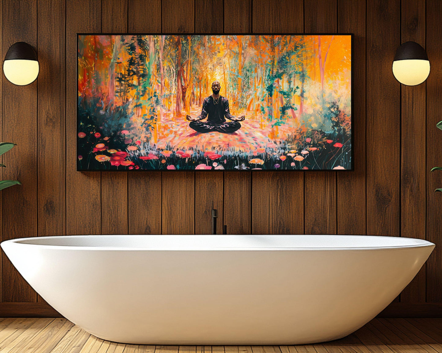 Black Man Meditation Canvas Art - Forest Floral Wall Decor for Living Room or Yoga Room - Peaceful Gift Idea