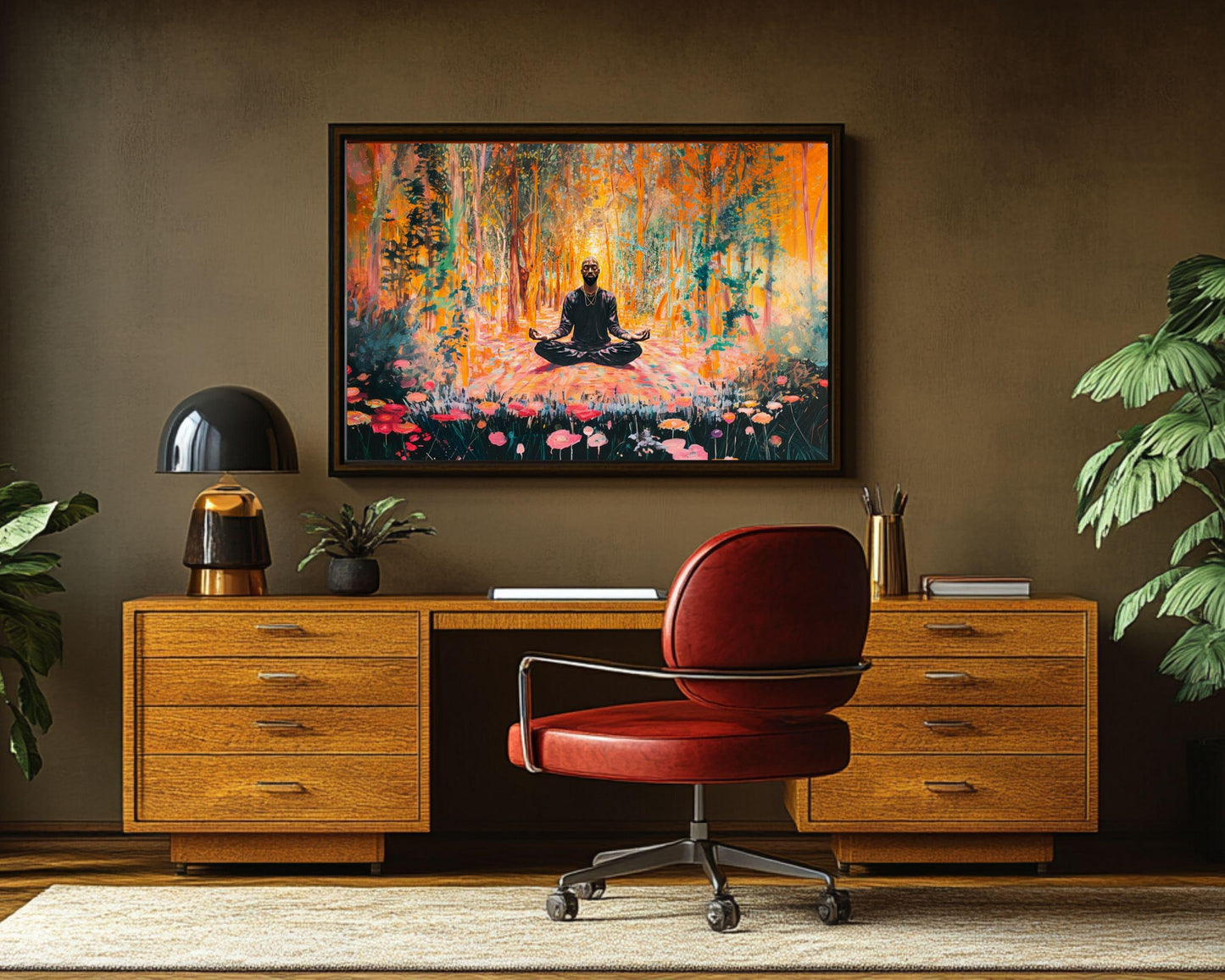 Black Man Meditation Canvas Art - Forest Floral Wall Decor for Living Room or Yoga Room - Peaceful Gift Idea