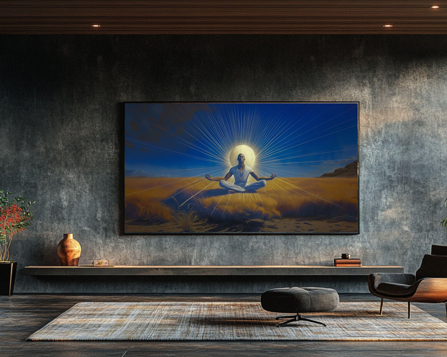 Spiritual Black Man Meditation Canvas Art - Moonlit Wall Decor for Living Room or Yoga Room - Peaceful Gift Idea