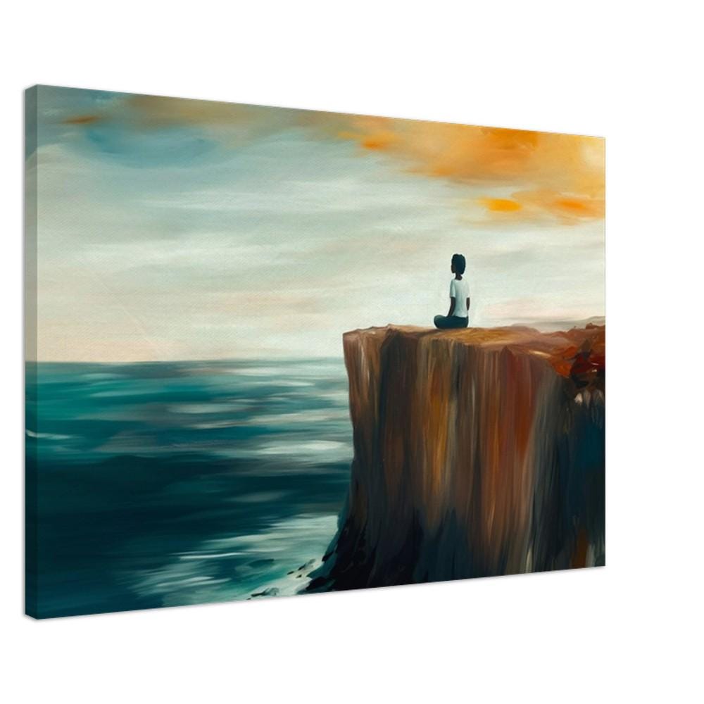 Meditating by Ocean Sunset African American wall art canvas showcasing a serene figure against a vibrant sunset backdrop.