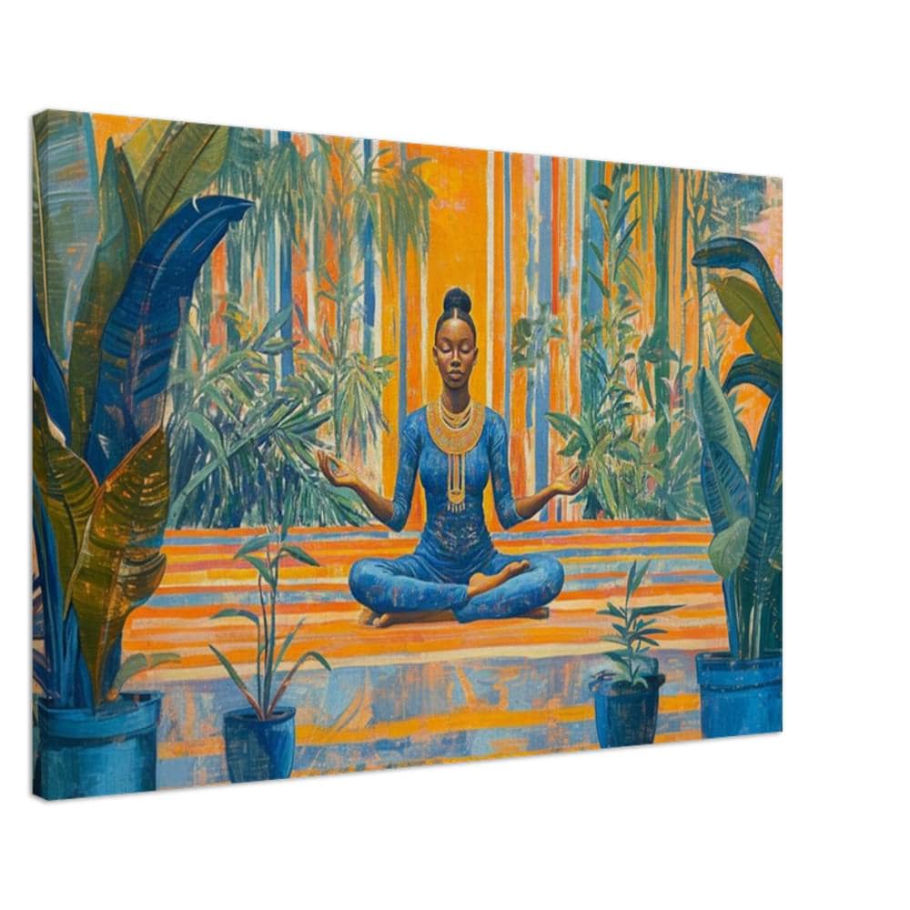 Black Woman Meditation Art - Tropical Canvas Print for Living Room or Yoga Studio - Gift for Her