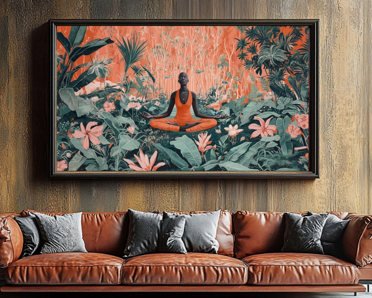 Empowering Black Woman Meditation Art - Tropical Canvas Print for Living Room or Yoga Studio - Inspirational Gift