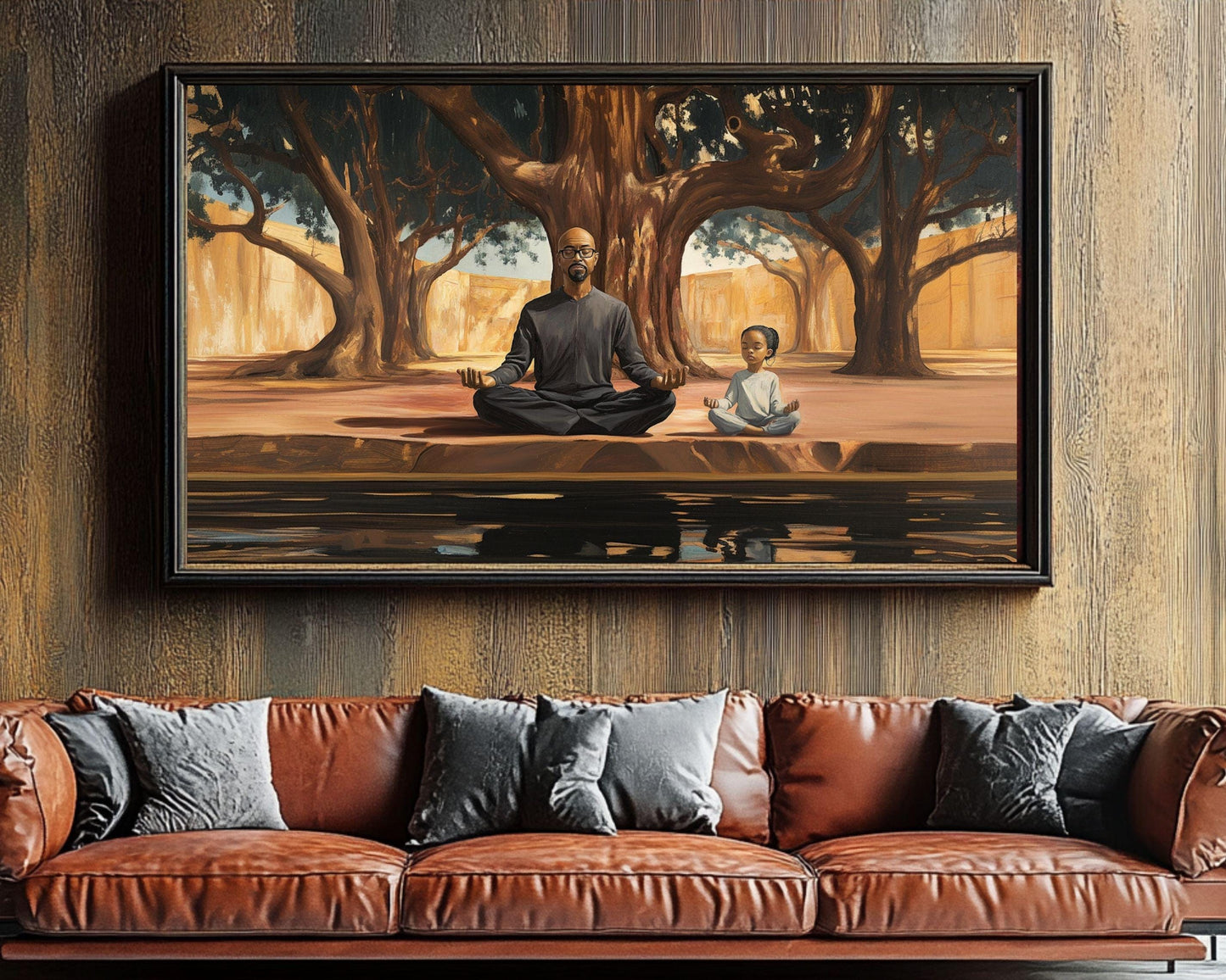 Black Father and Daughter Meditation Art - Inspirational Canvas Print for Living Room or Yoga Studio - Meaningful Gift