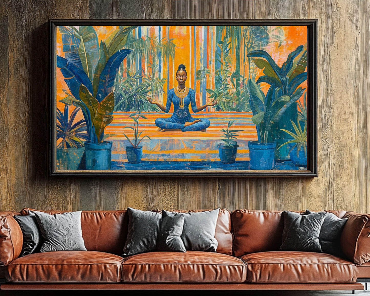 Black Woman Meditation Art - Tropical Canvas Print for Living Room or Yoga Studio - Gift for Her