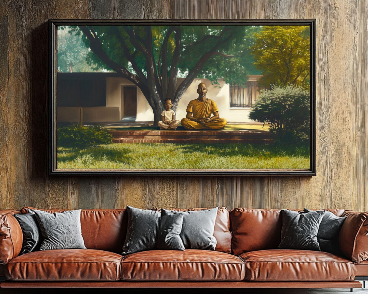 Black Father and Child Meditation Art - Canvas Print for Living Room or Yoga Studio - Family Gift