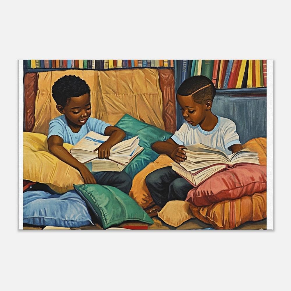 Black Boys Reading Together | Afrocentric Educational Wall Art | Inspiring Kids Room Decor Celebrating Literacy & Brotherhood