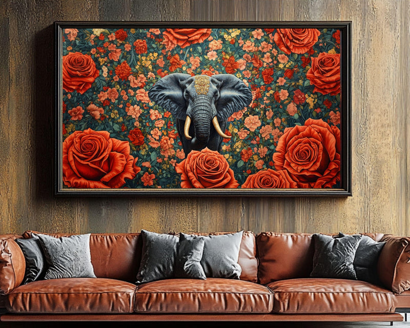 African Elephant Floral Black Wall Art African American Canvas Print