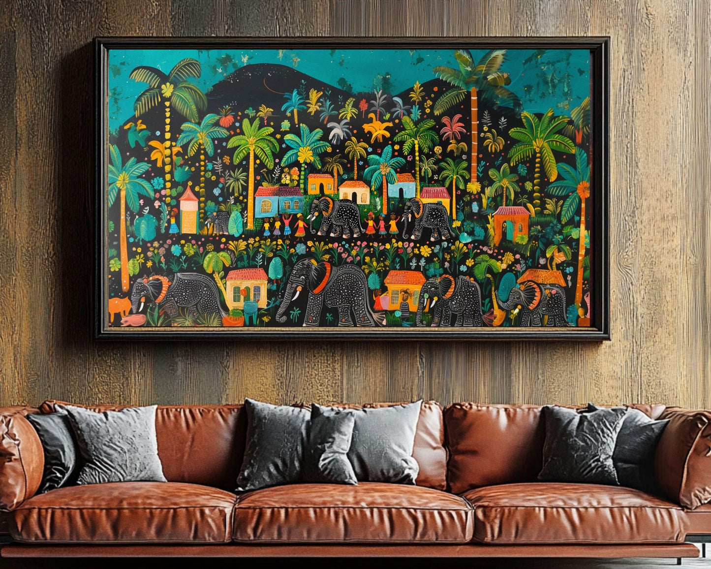 Haitian Folk Art Canvas Print – Vibrant Village Scene with Elephants