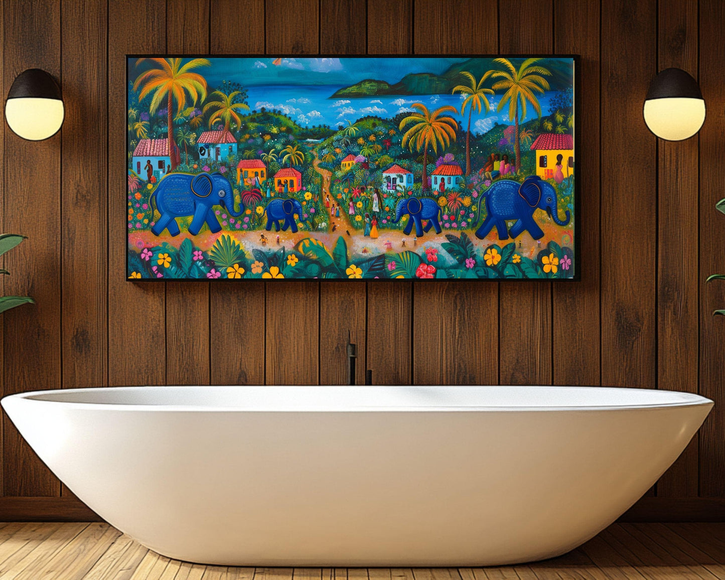 Haitian Folk Art Canvas – Vibrant Blue Elephants Village Scene