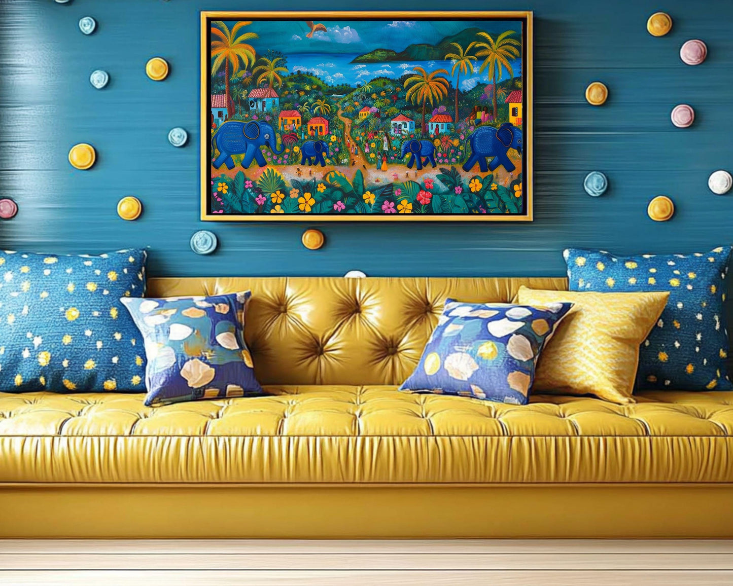 Haitian Folk Art Canvas – Vibrant Blue Elephants Village Scene