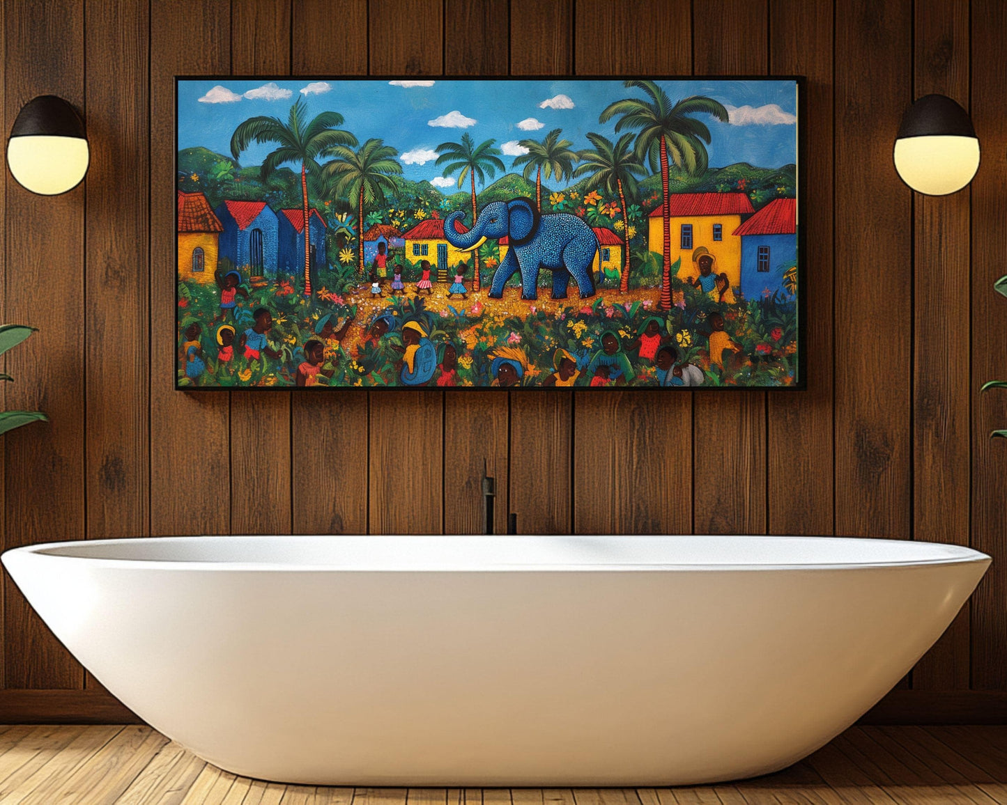 Haitian Folk Art Canvas – Blue Elephant in Vibrant Village Scene