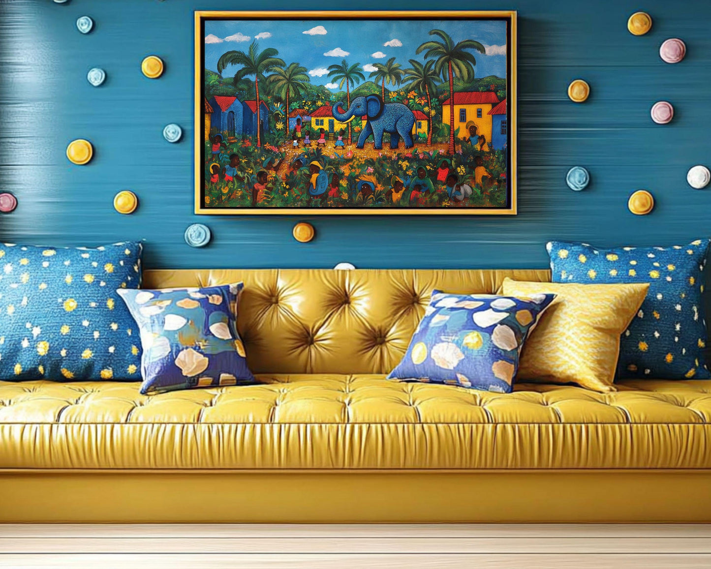 Haitian Folk Art Canvas – Blue Elephant in Vibrant Village Scene