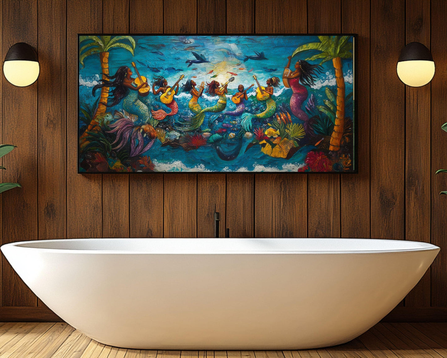 Haitian Folk Art Canvas – Joyful Mermaids with Guitars in Ocean Scene