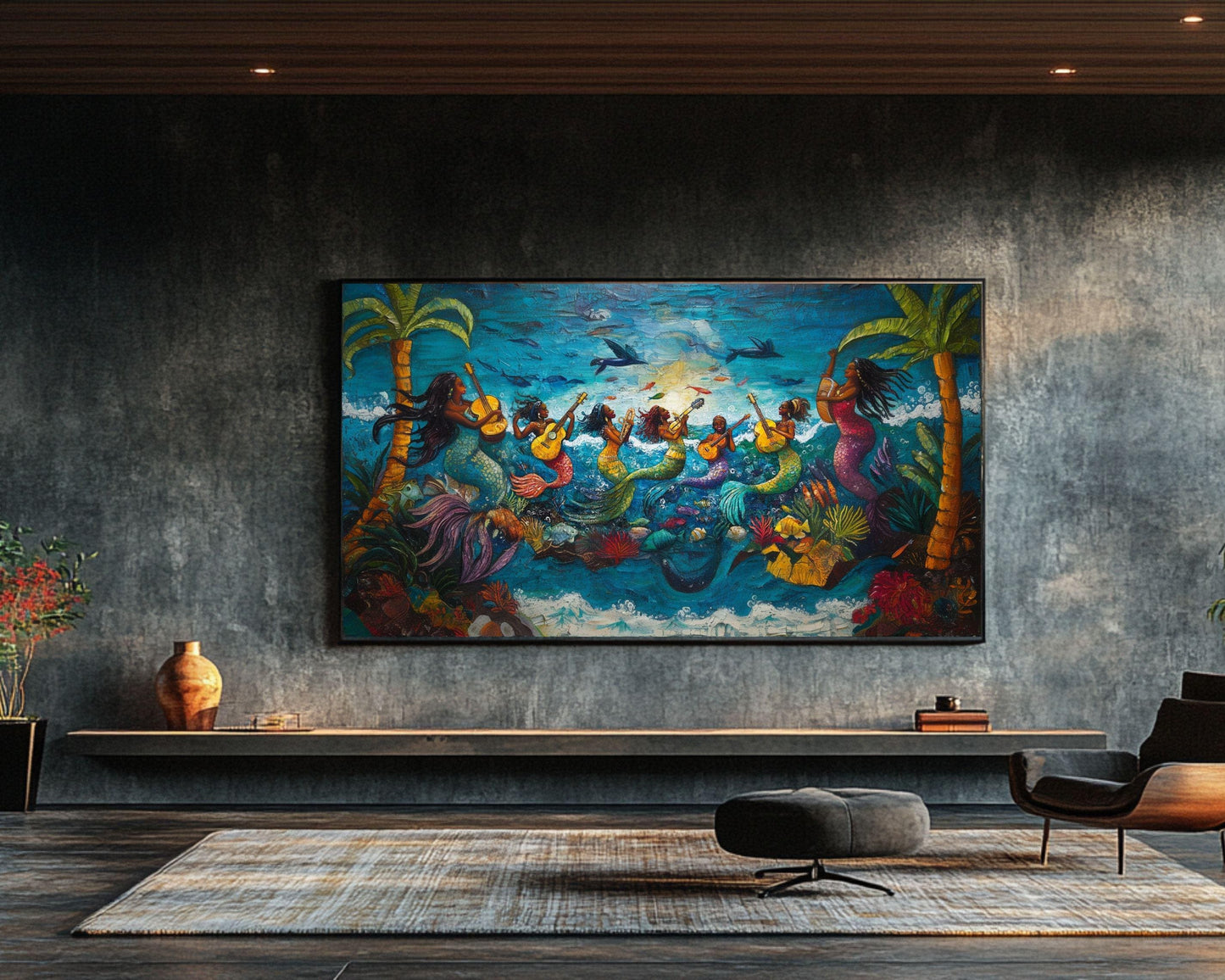 Haitian Folk Art Canvas – Joyful Mermaids with Guitars in Ocean Scene