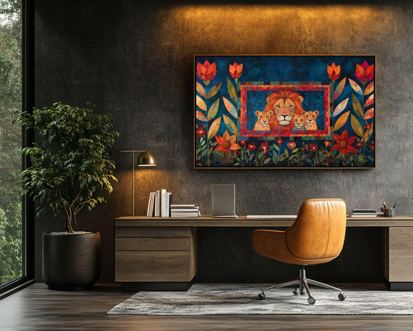 Lion Family Canvas Art – Vibrant Floral Afrocentric Wall Decor