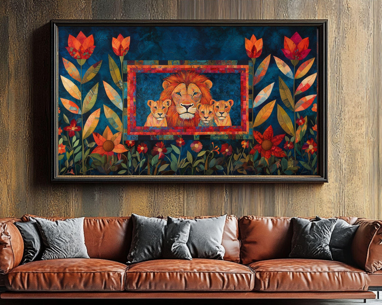 Lion Family Canvas Art – Vibrant Floral Afrocentric Wall Decor