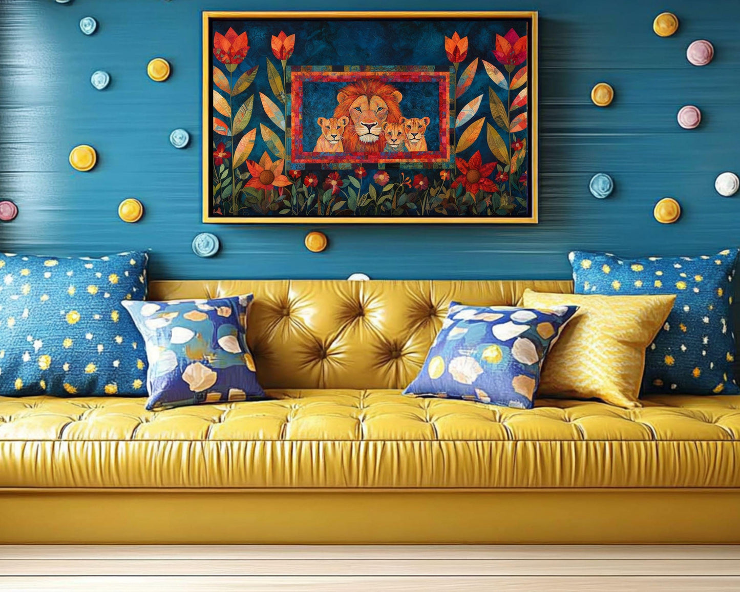 Lion Family Canvas Art – Vibrant Floral Afrocentric Wall Decor