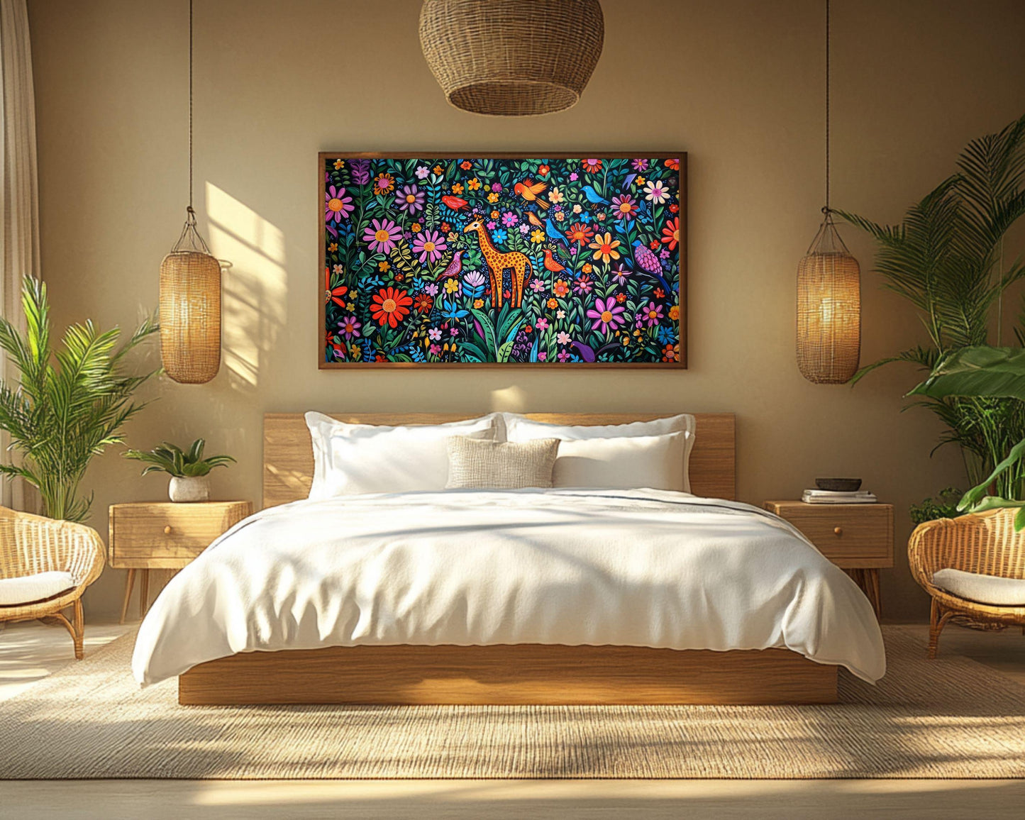 Haitian-Inspired Giraffe in Floral Paradise | Vibrant Canvas Art