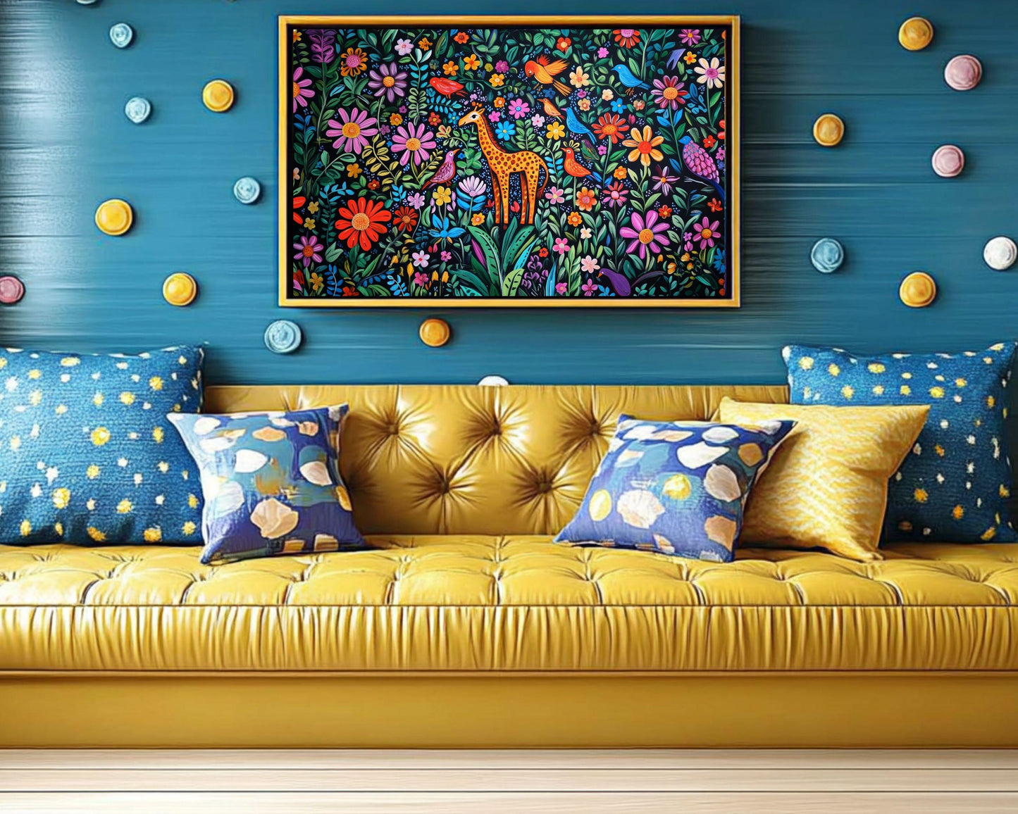 Haitian-Inspired Giraffe in Floral Paradise | Vibrant Canvas Art