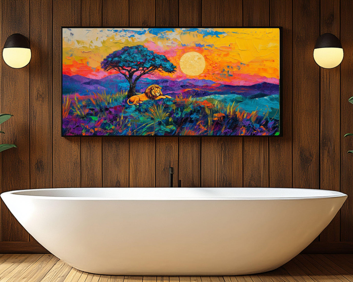 Lion at Sunset African Landscape Art | Vibrant Canvas Print