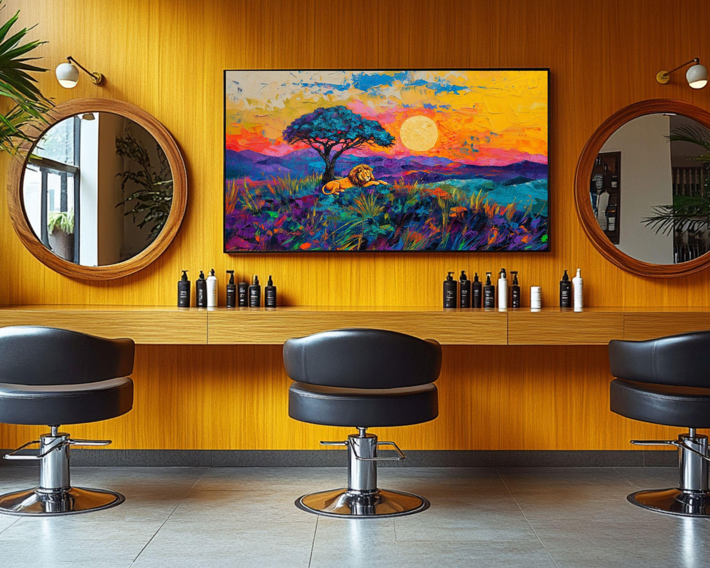 Lion at Sunset African Landscape Art | Vibrant Canvas Print