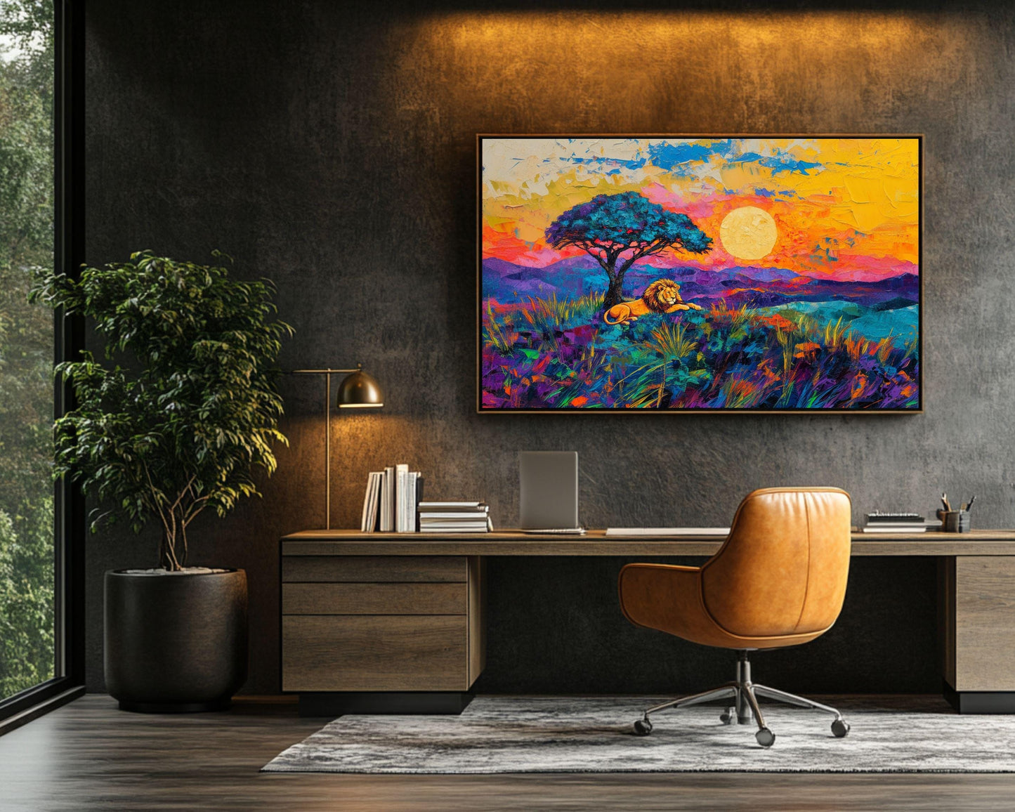 Lion at Sunset African Landscape Art | Vibrant Canvas Print