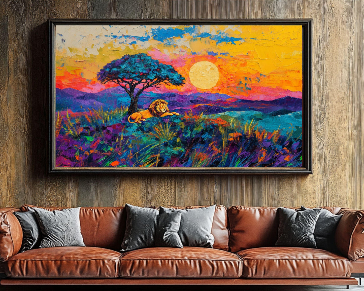 Lion at Sunset African Landscape Art | Vibrant Canvas Print