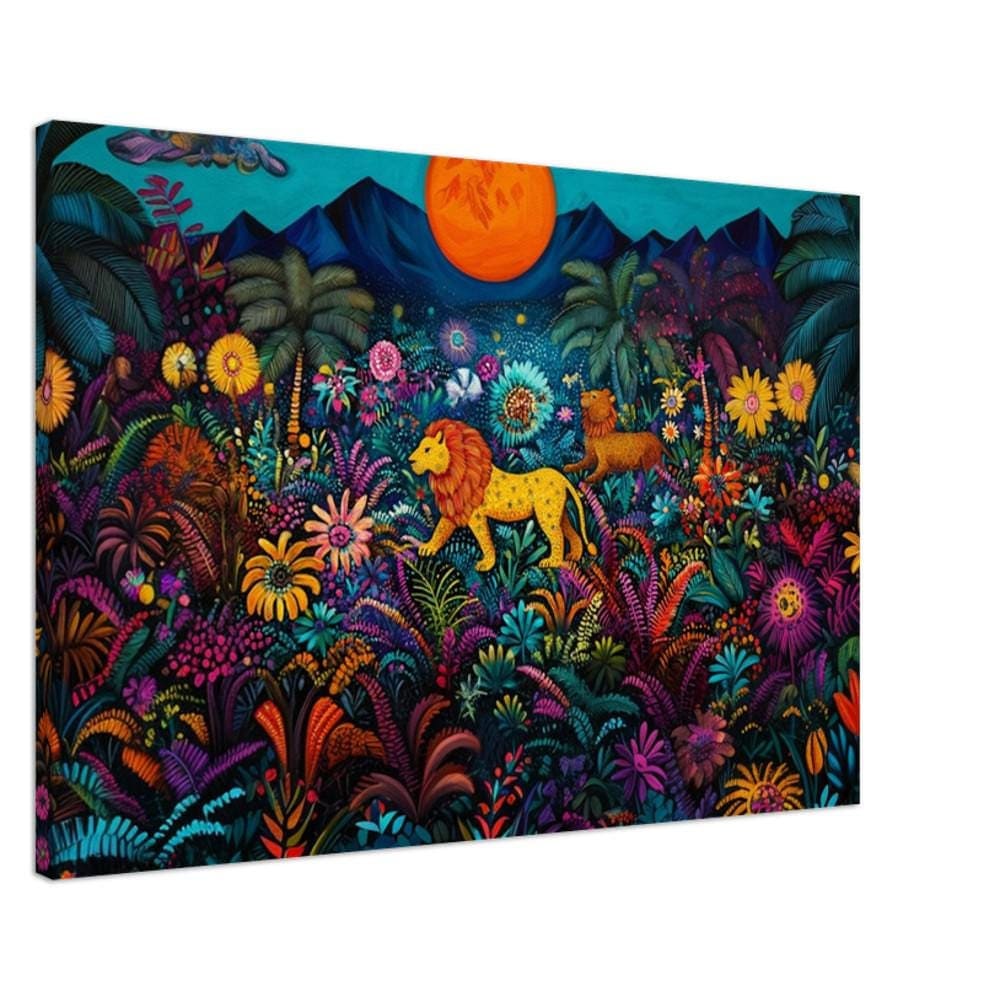 Haitian lion art as striking black canvas wall art, embodying vibrant African American wall art culture.