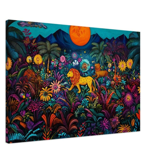 Haitian Folk Art Lions in Vibrant Jungle | Colorful Canvas Print