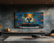 Elephant Tropical Sunset Black cultural wall decor print by MoomZee Artwork