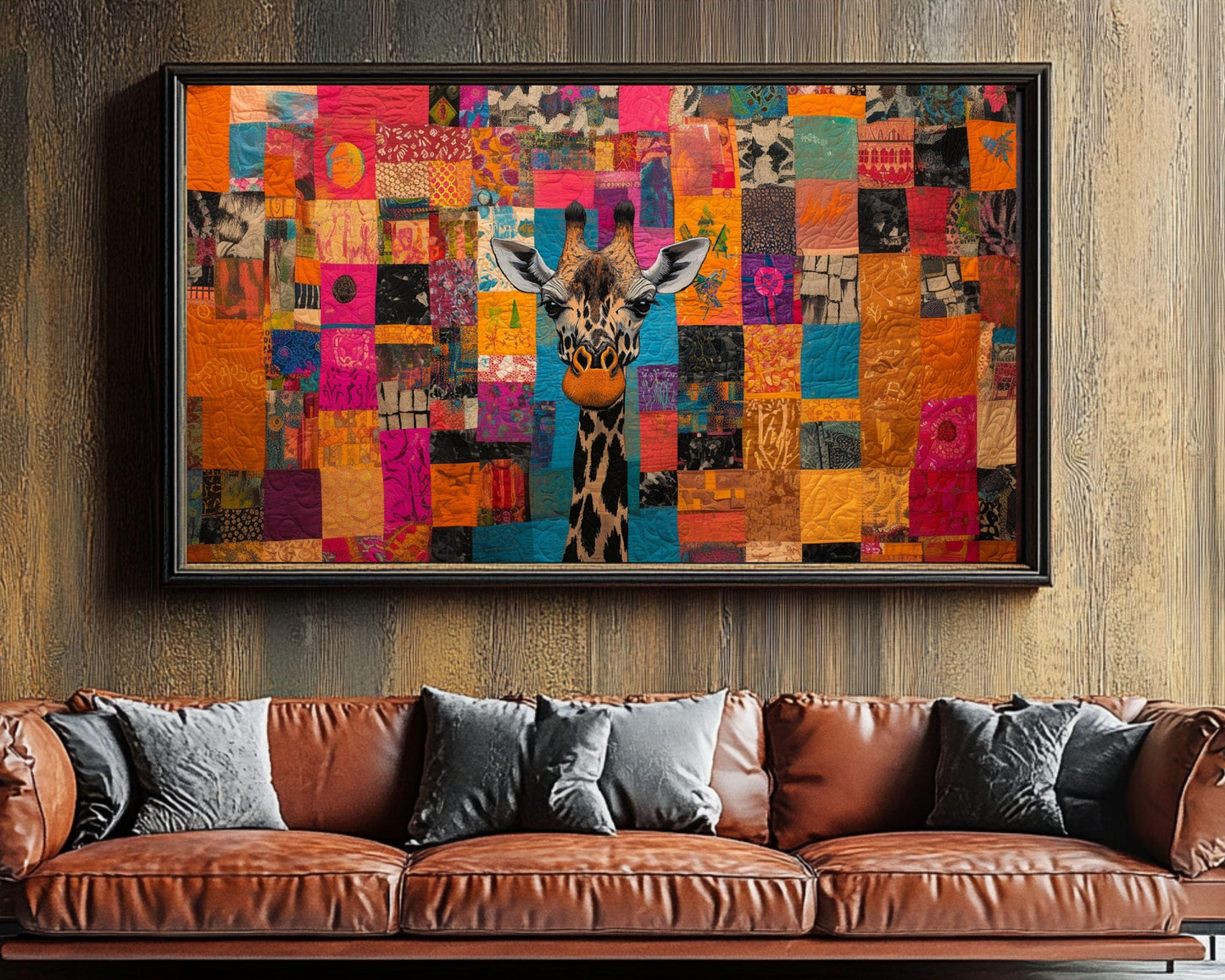 Patchwork Giraffe Art | Vibrant Quilt-Inspired Canvas Print