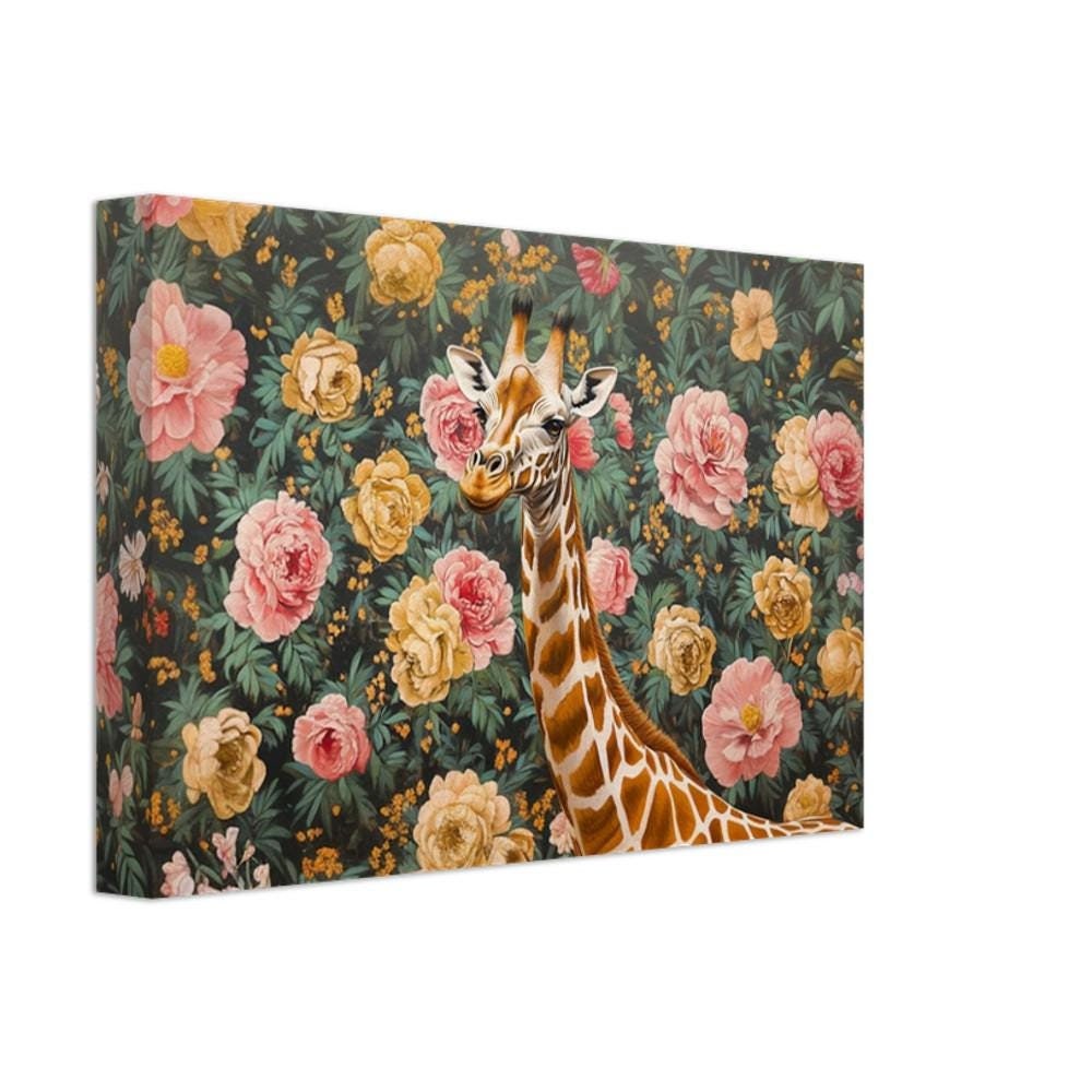 Giraffe portrait in vibrant colors, showcasing African American wall art with floral elements on canvas.
