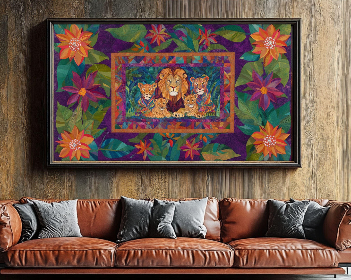 Lion Family Quilted Art | Vibrant African-Inspired Canvas Print