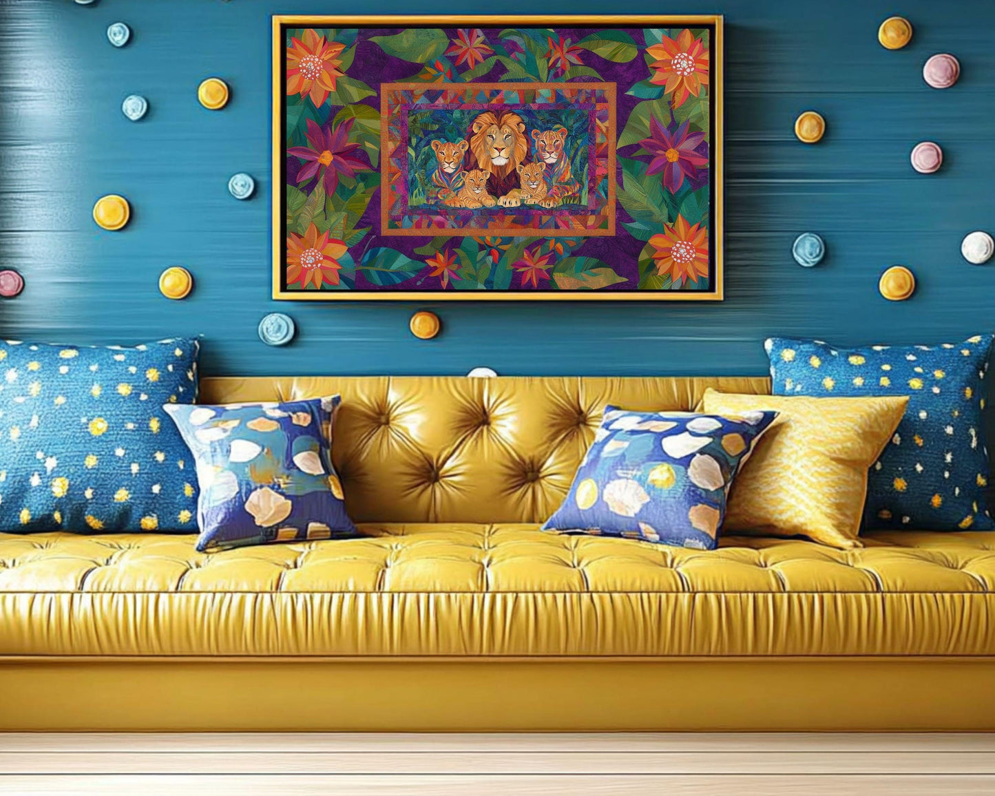 Lion Family Quilted Art | Vibrant African-Inspired Canvas Print