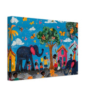 Haitian Village Elephants canvas art showcasing vibrant colors; a beautiful piece of African American wall art.