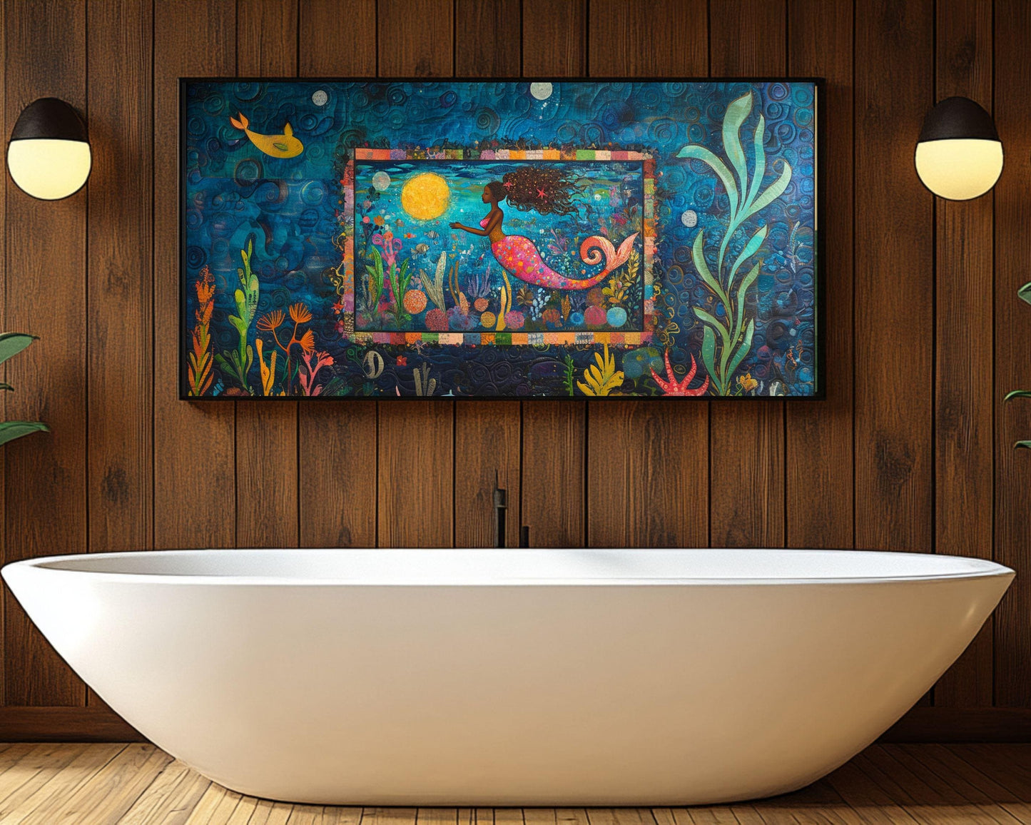 Framed Mermaid Quilt Art | Vibrant Underwater Canvas Print