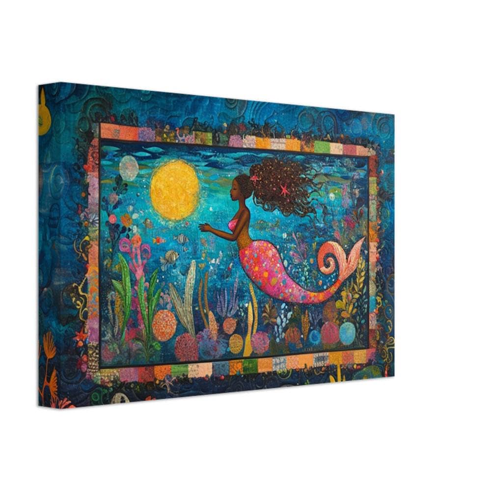 Quilt style black mermaid canvas art, vibrant and colorful, showcasing African American wall art beauty.
