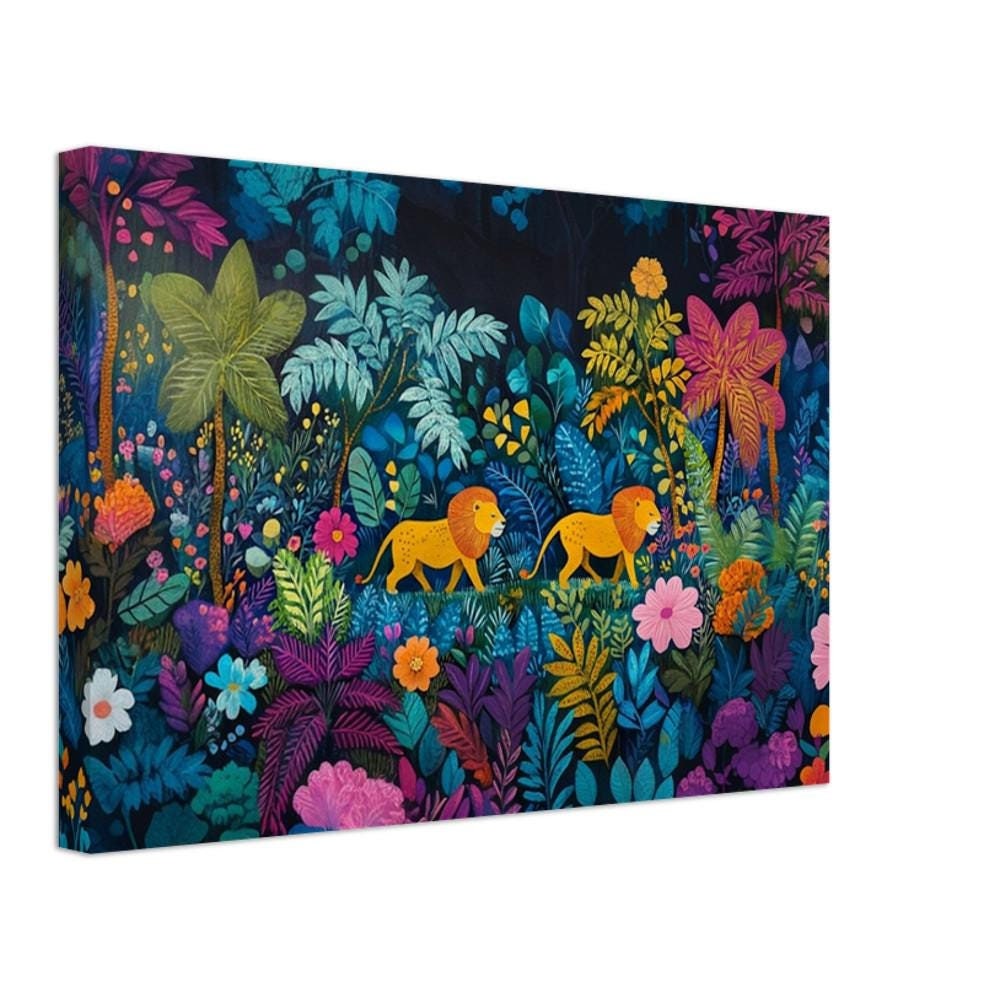 Haitian folk art lion canvas as vibrant African American wall art depicting a bold and colorful black artwork.