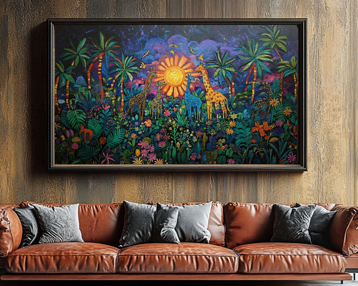 Giraffe Family Black Art Canvas Haitian Folk Style Wall Art