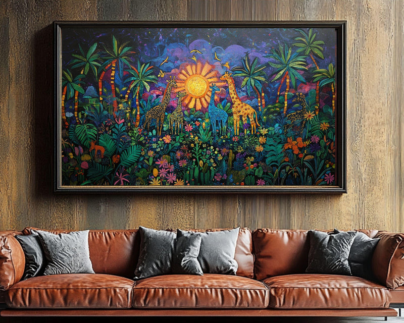 Giraffe Family Black Art Canvas Haitian Folk Style